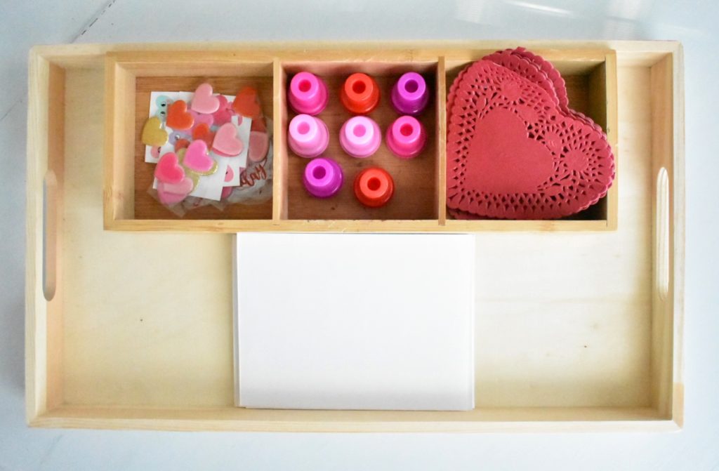 Valentine card making Montessori tray for toddlers